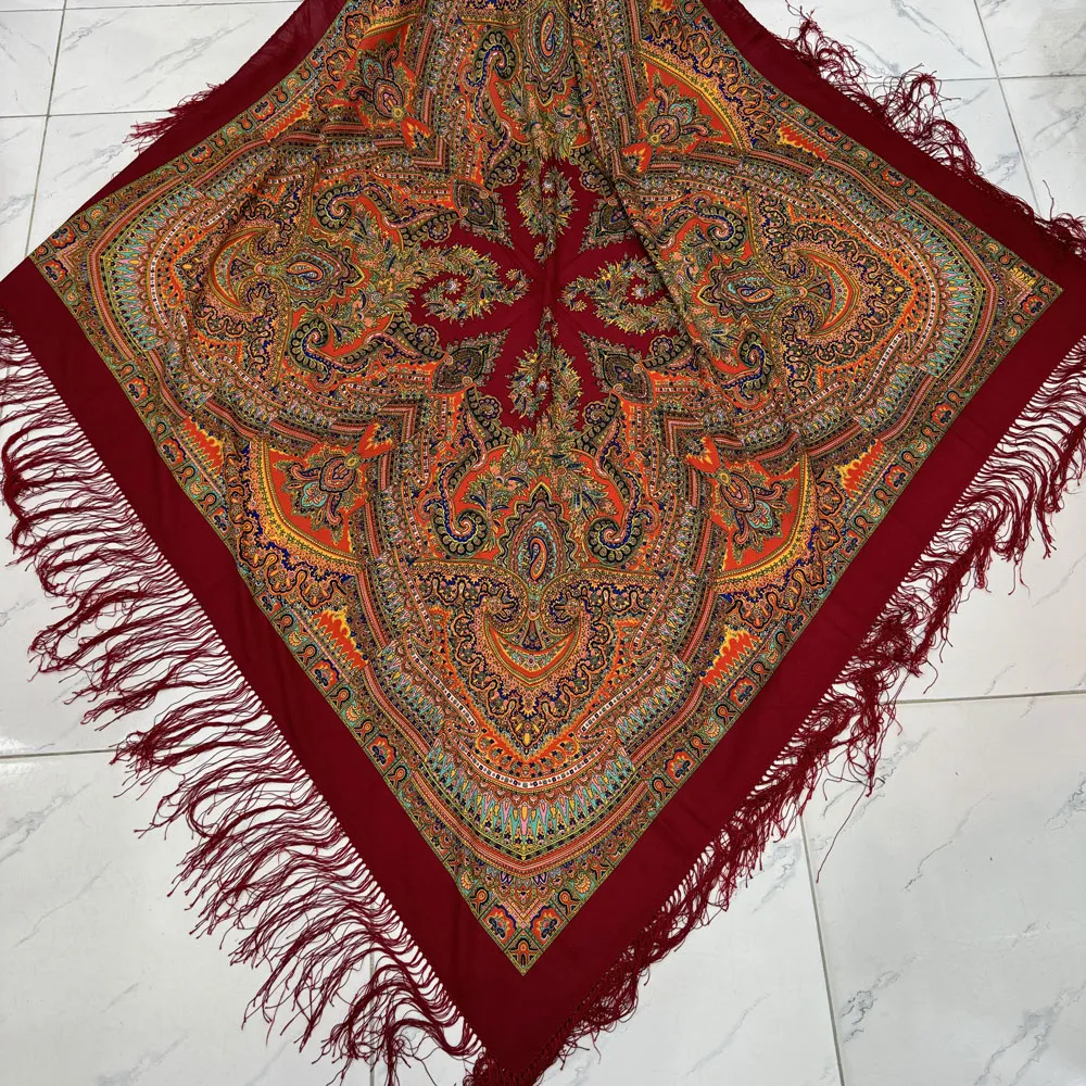 روسری نخی ترکمن قواره بزرگ کد 1653 ترکمن 140-150 سانت وارداتی ریشه دستباف بدون چروک 4 فصل