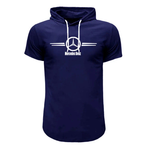 تیشرت کلاه دار مردانه سورمه ای طرح بنز آستین کوتاه نخی سایز L XL 2XL