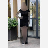 پیراهن مجلسی زنانه مدل هاریکا جنس فلامنت و تور رنگ مشکی قد 150