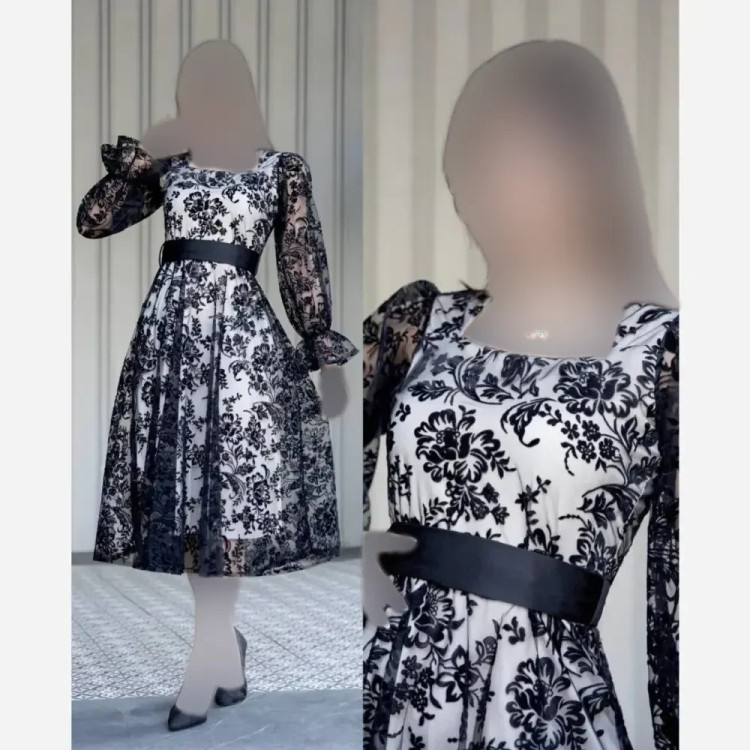 پیراهن زنانه مدل یلدا جنس فلوک مخمل آستردار قد 120 با کمربند