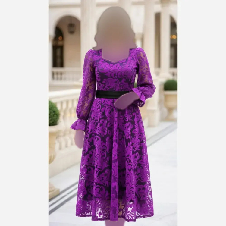 پیراهن زنانه مدل یلدا جنس فلوک مخمل آستردار قد 120 با کمربند