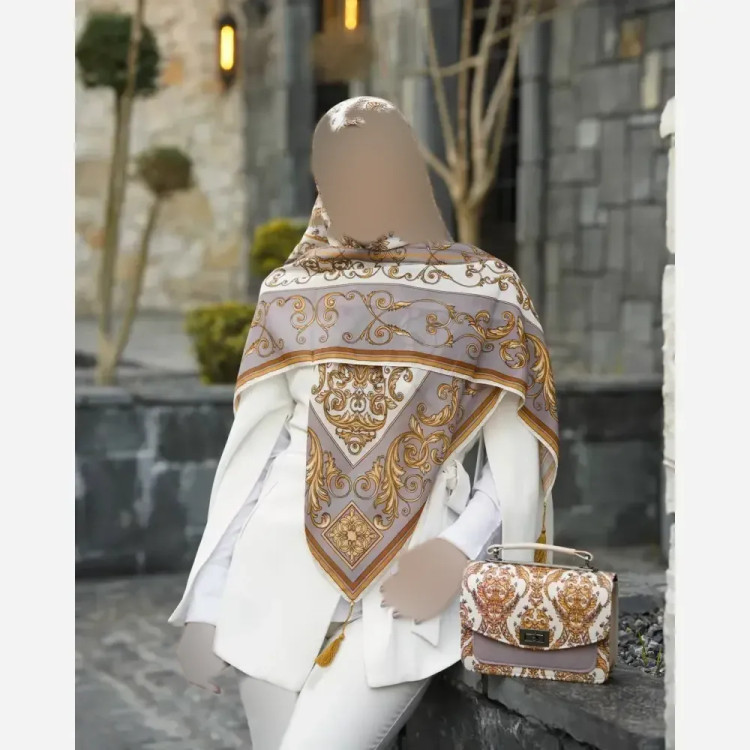 ست کیف و روسری مدل الیزابت جنس مخمل و چرم صنعتی با روسری نخی منگولهدار