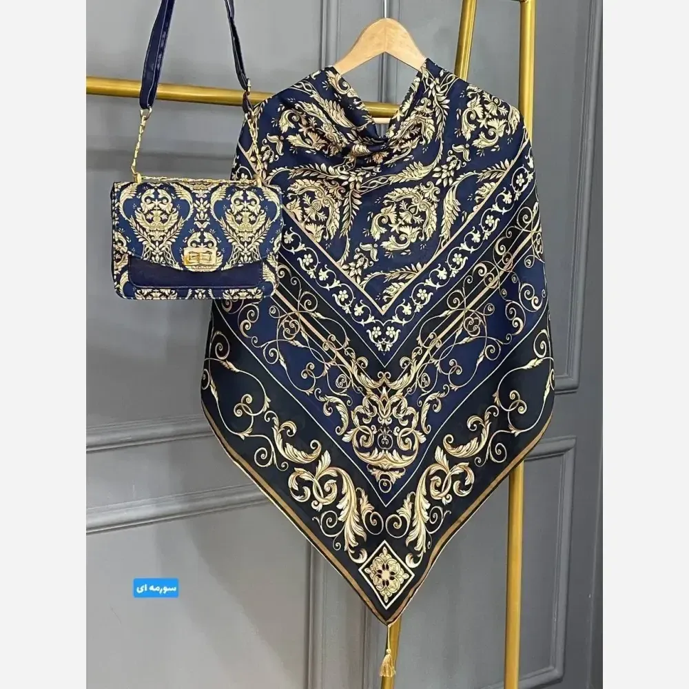 ست کیف و روسری مدل الیزابت جنس مخمل و چرم صنعتی با روسری نخی منگولهدار