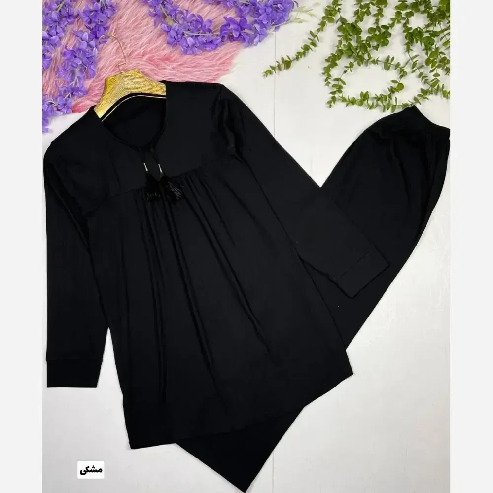 ست تونیک و شلوار زنانه مدل گوشواره ای جنس کریشه رنگ مشکی سایز 38 تا 50