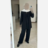 ست تونیک و شلوار زنانه مدل گوشواره ای جنس کریشه رنگ مشکی سایز 38 تا 50