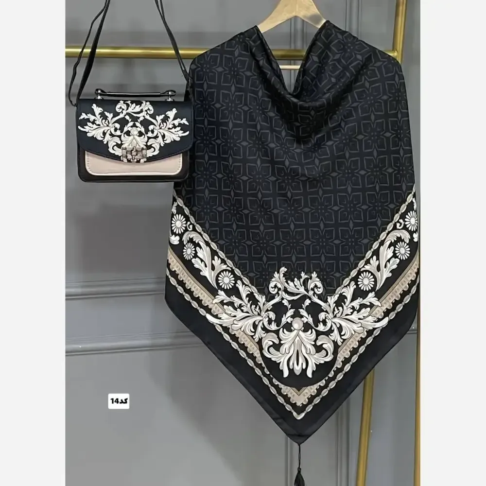 ست کیف و روسری زنانه مدل گلسا با کیف مخمل و چرم و روسری نخی منگولهدار