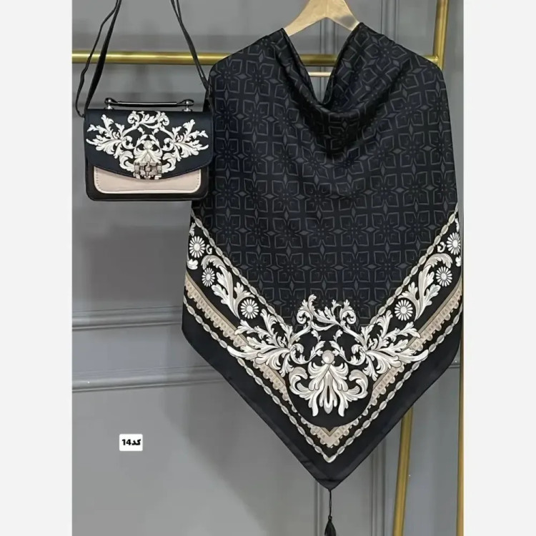 ست کیف و روسری زنانه مدل گلسا با کیف مخمل و چرم و روسری نخی منگولهدار