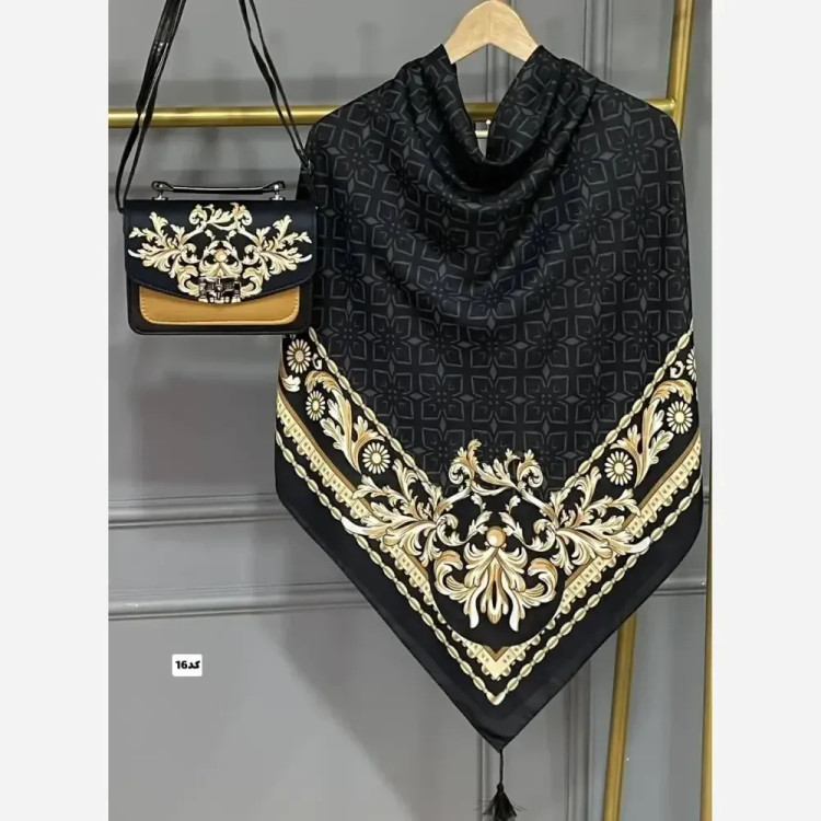ست کیف و روسری زنانه مدل گلسا با کیف مخمل و چرم و روسری نخی منگولهدار
