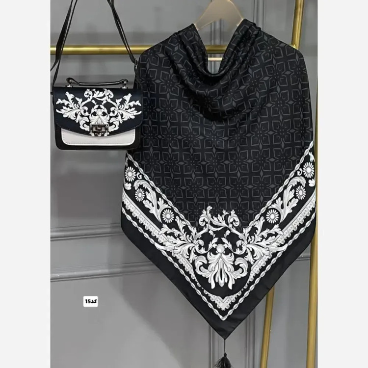 ست کیف و روسری زنانه مدل گلسا با کیف مخمل و چرم و روسری نخی منگولهدار