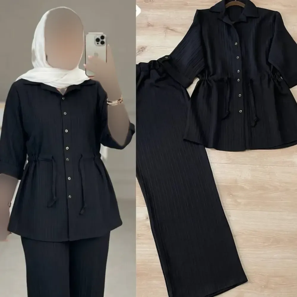 ست شومیز و شلوار زنانه کمر گت مشکی جنس آیوا سایز 38 تا 48