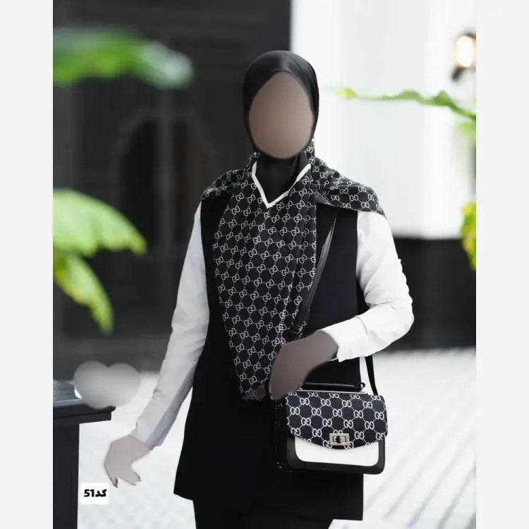 ست کیف و روسری گوچی مدل مخمل و چرم با روسری نخی منگولهدار قواره 130