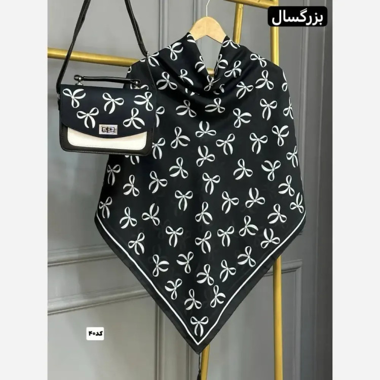 ست کیف و روسری زنانه مدل مخمل و چرم صنعتی با روسری نخی منگولهدار قواره 130