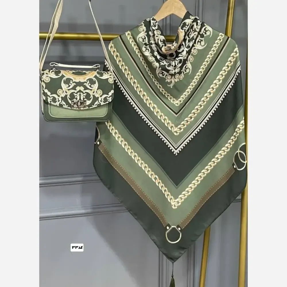 ست کیف و روسری زنانه مدل مخمل و چرم صنعتی با روسری نخی منگولهدار قواره 130