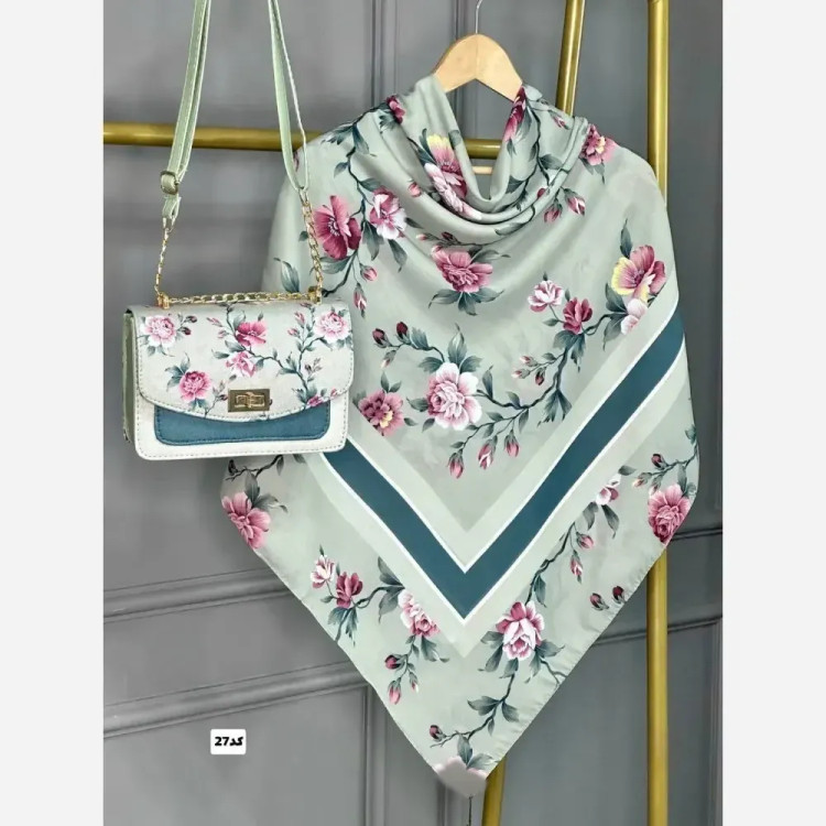 ست کیف و روسری گلاره با کیف مخمل و چرم و روسری نخی منگولهدار قواره 130