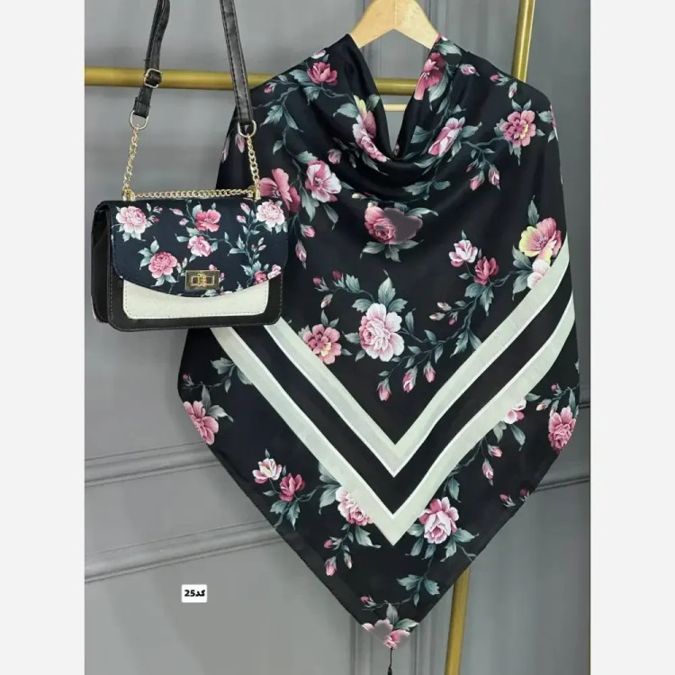 ست کیف و روسری گلاره با کیف مخمل و چرم و روسری نخی منگولهدار قواره 130