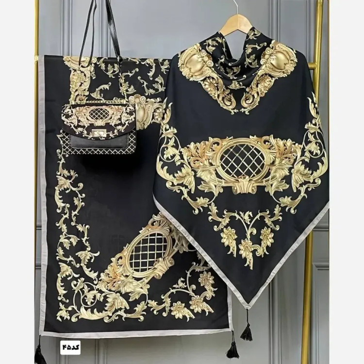 ست کیف و روسری سلینا با کیف مخمل و چرم صنعتی و روسری نخی منگولهدار قواره 130