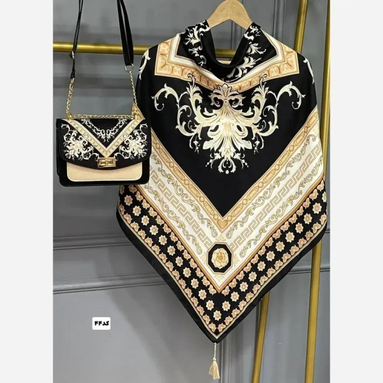 ست کیف و روسری سلینا با کیف مخمل و چرم صنعتی و روسری نخی منگولهدار قواره 130