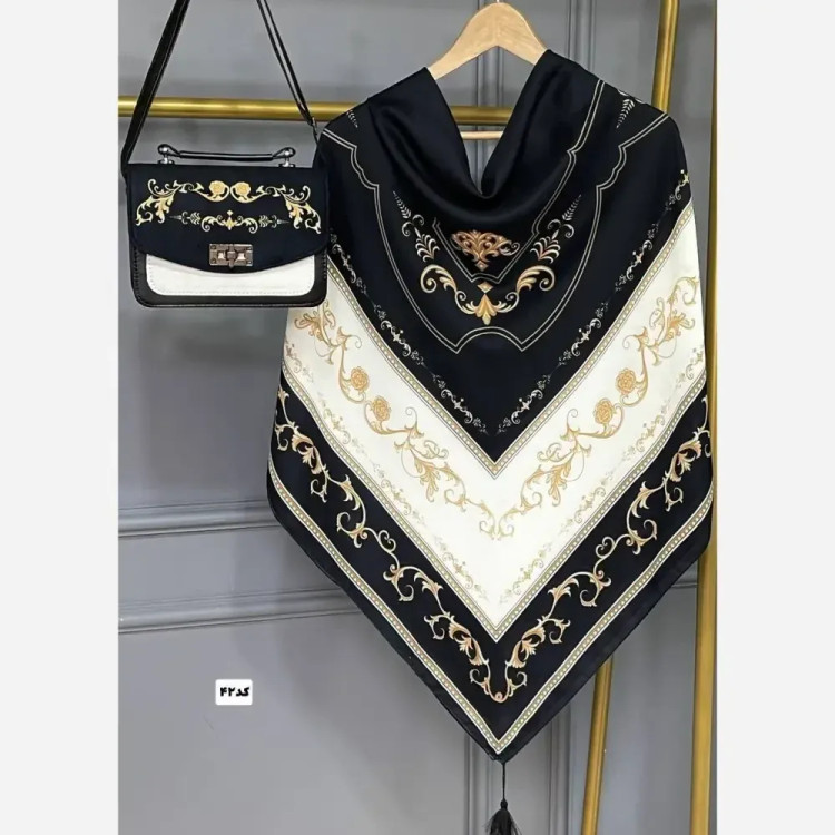 ست کیف و روسری سلینا با کیف مخمل و چرم صنعتی و روسری نخی منگولهدار قواره 130