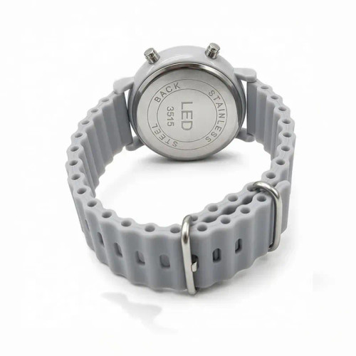 ساعت دیجیتالی LED Watch با بند پیو طوسی و صفحه گرد 35 میلیمتری