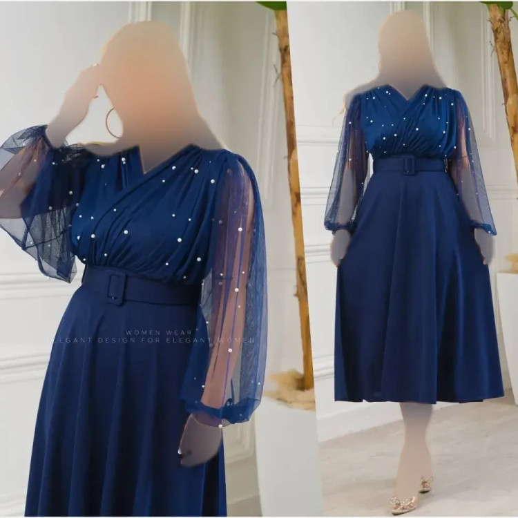 پیراهن زنانه مدل لیبرا جنس کرپ کش و تور قد 125 با کمربند