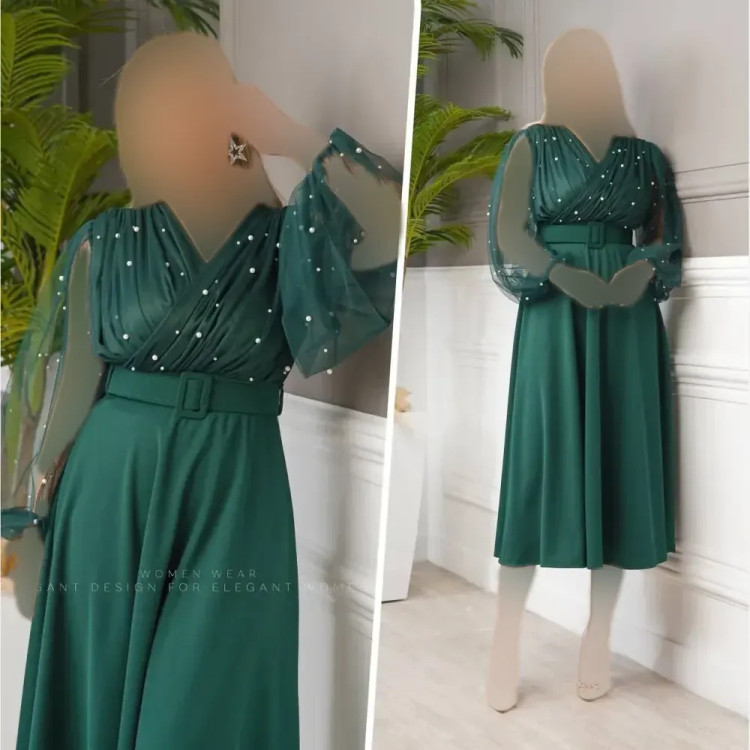 پیراهن زنانه مدل لیبرا جنس کرپ کش و تور قد 125 با کمربند