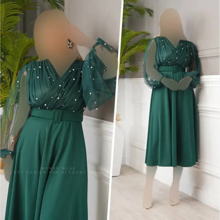 پیراهن زنانه مدل لیبرا جنس کرپ کش و تور قد 125 با کمربند