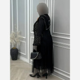 ست سه تیکه دامن کت شال مشکی تور و جواهر دوزی فری سایز 36 تا 46