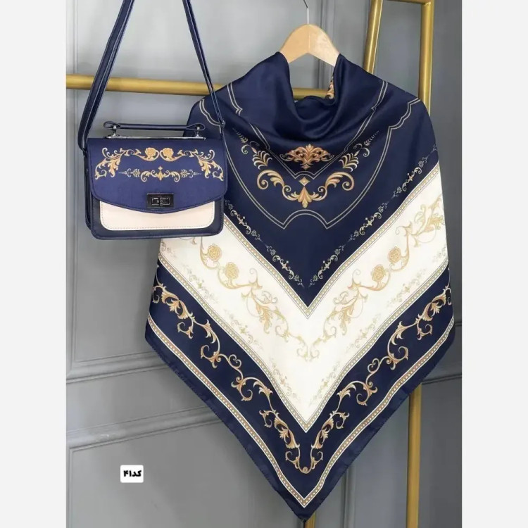 ست کیف و روسری مدل سلینا جنس مخمل و چرم صنعتی با روسری نخی منگولهدار