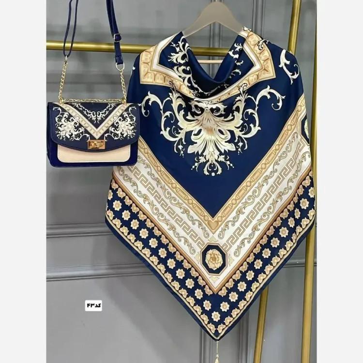 ست کیف و روسری مدل سلینا جنس مخمل و چرم صنعتی با روسری نخی منگولهدار