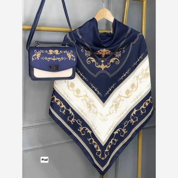 ست کیف و روسری مدل سلینا جنس مخمل و چرم صنعتی با روسری نخی منگولهدار