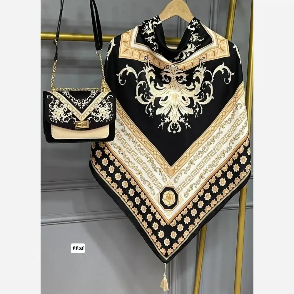 ست کیف و روسری مدل سلینا جنس مخمل و چرم صنعتی با روسری نخی منگولهدار