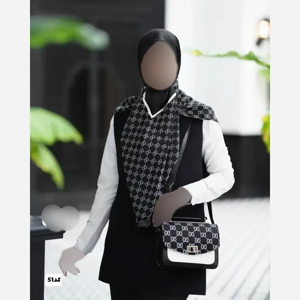 ست کیف و روسری گوچی مدل مخمل و چرم صنعتی با روسری نخی منگولهدار قواره 130