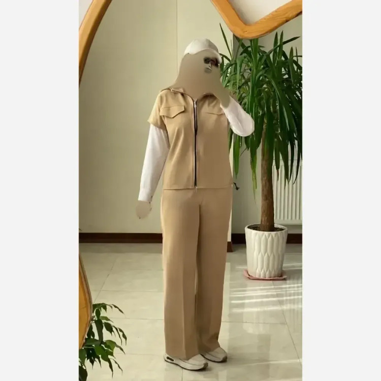 ست سه تیکه زنانه شامل وست و شلوار بزیاق و شومیز داکرون فری سایز
