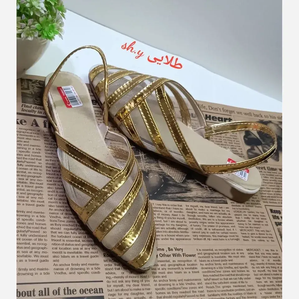 صندل یمنی زنانه براق پاشنه یک سانت جنس بیاله و تور خارجی