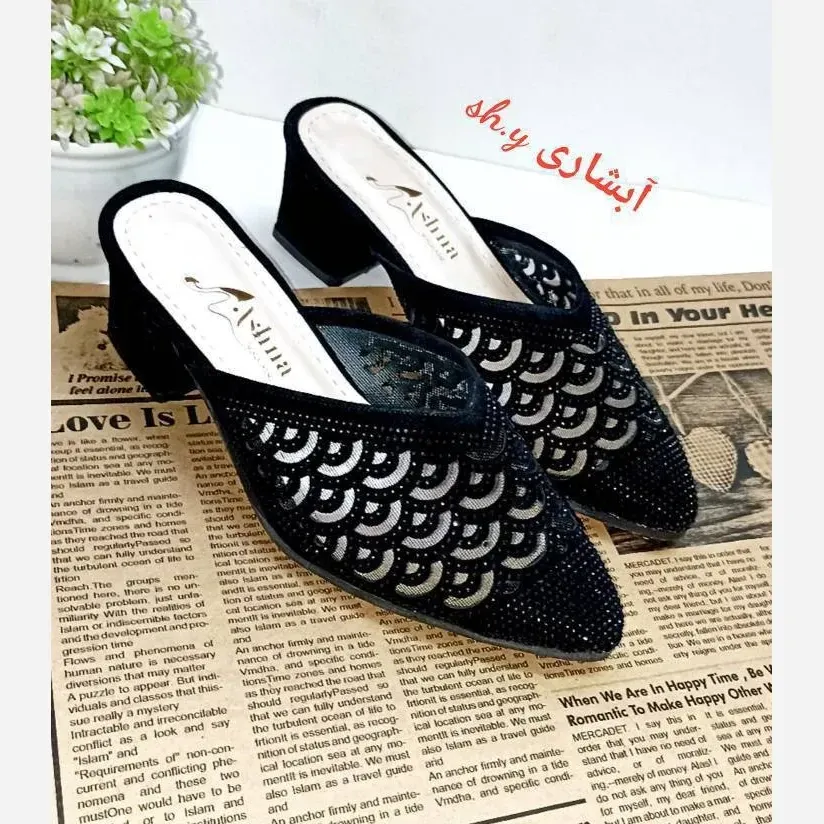 کفش مجلسی زنانه نگین کوب تارا پاشنه 5 سانت جنس تور و سوییت