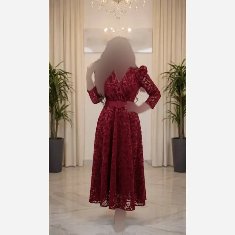 پیراهن مجلسی زنانه مدل دنیا جنس فلوک ارگانزا آستردار با کمربند قد 135