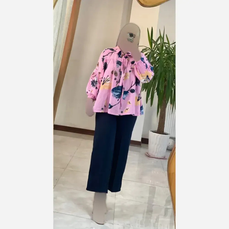 شومیز عروسکی گلدار لنین ایتالیایی فری سایز 38 تا 50