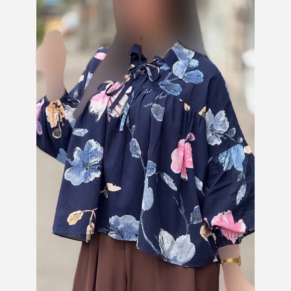 شومیز عروسکی گلدار لنین ایتالیایی فری سایز 38 تا 50