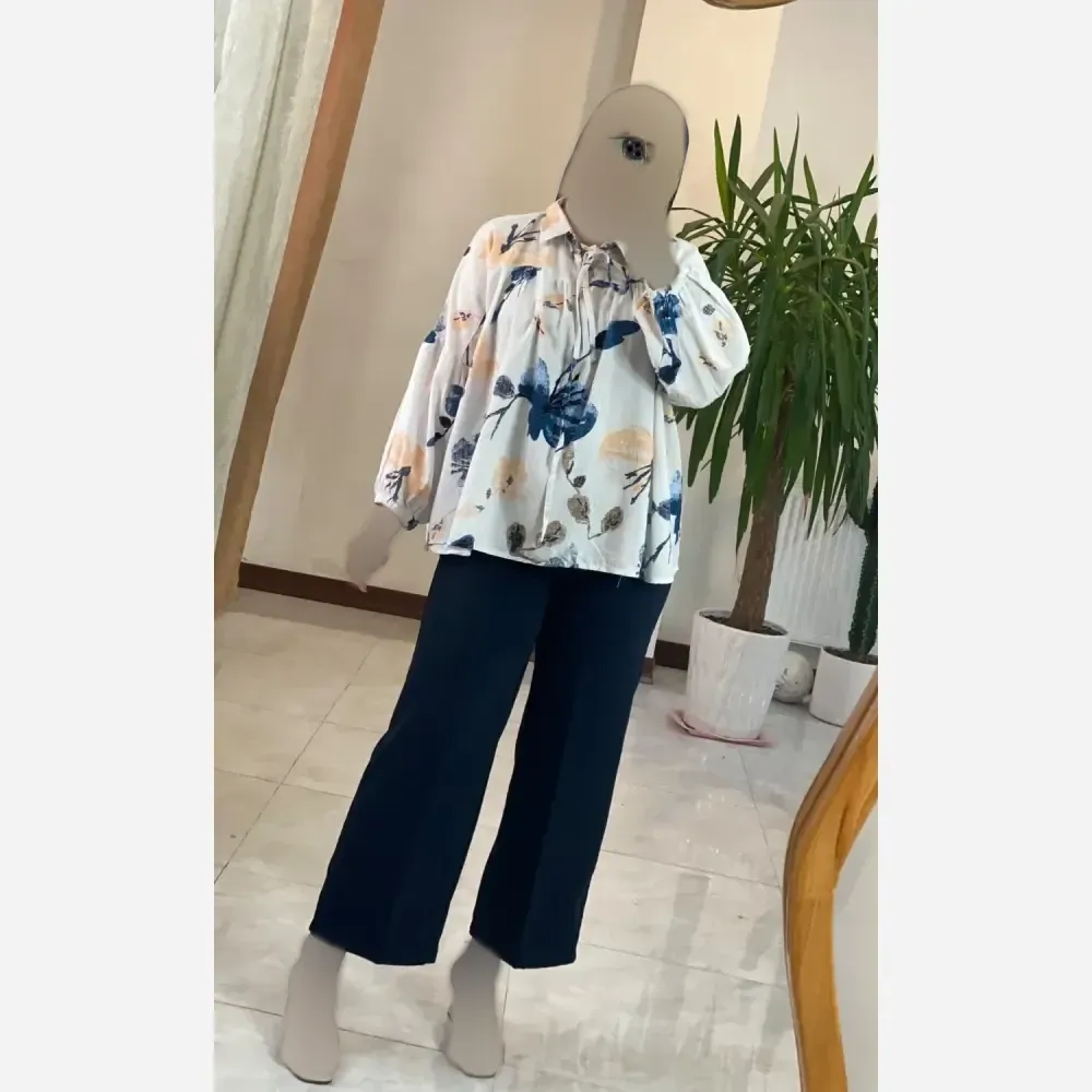شومیز عروسکی گلدار لنین ایتالیایی فری سایز 38 تا 50