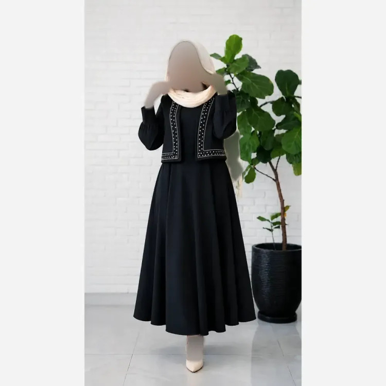 ست دو تیکه پیراهن و جلیقه مجلسی زنانه نگیندار و گلدوزی شده سایز 40 تا 48