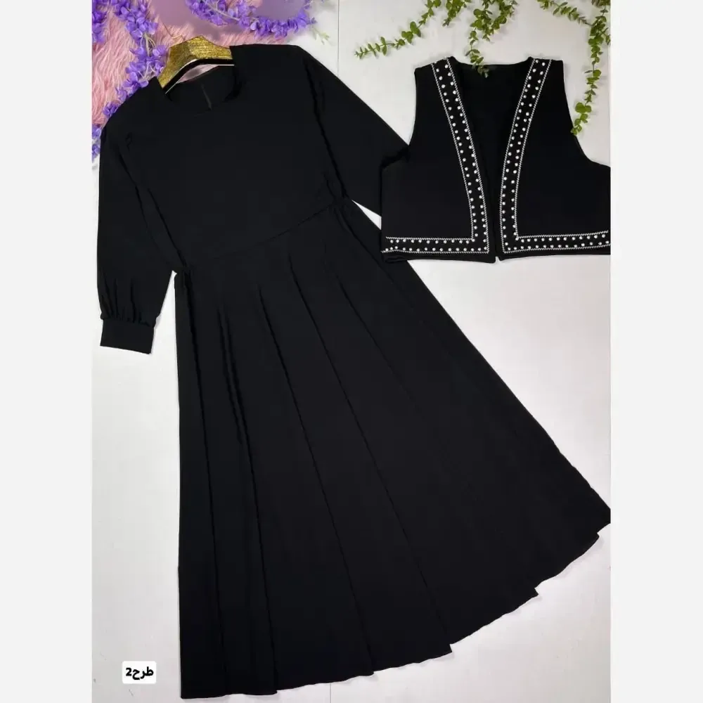 ست دو تیکه پیراهن و جلیقه مجلسی زنانه نگیندار و گلدوزی شده سایز 40 تا 48