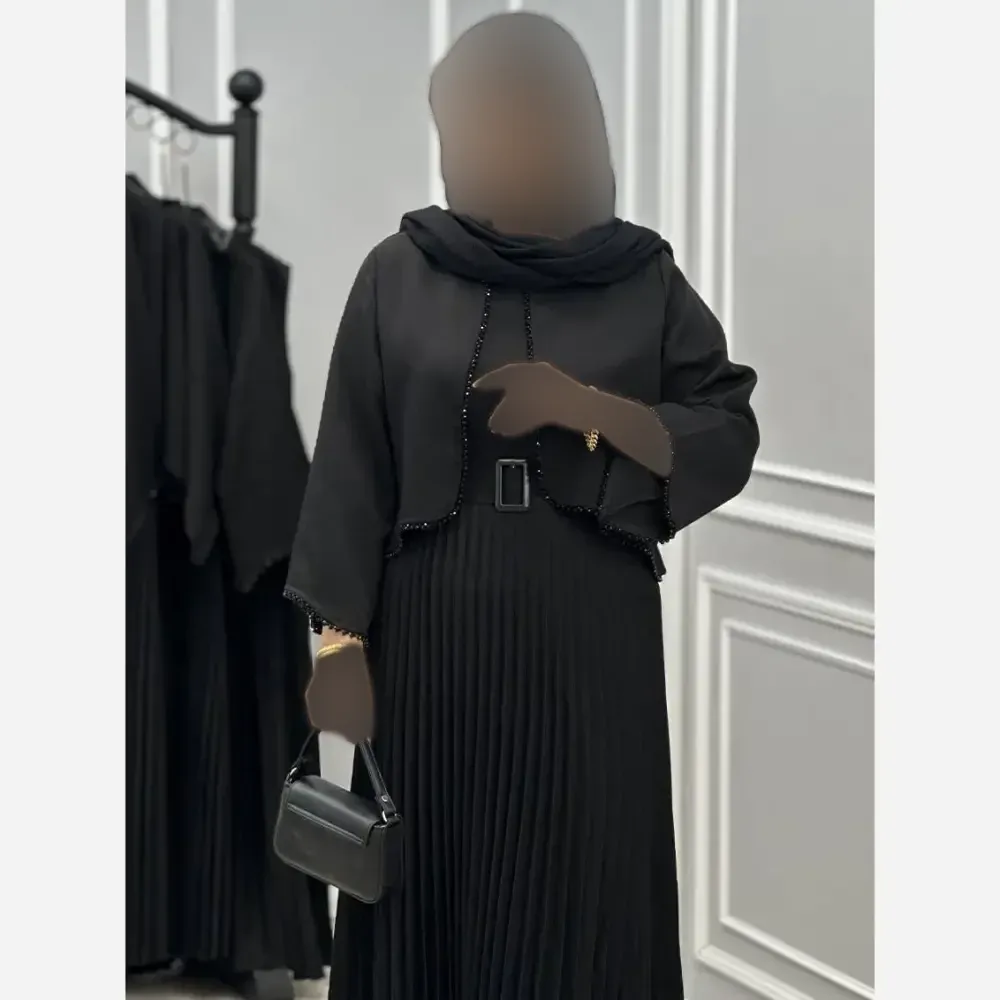 ست کت و سارافون پلیسه مجلسی زنانه جنس کرپ مازراتی و بوگاتی رنگ مشکی سایز 40 تا 46