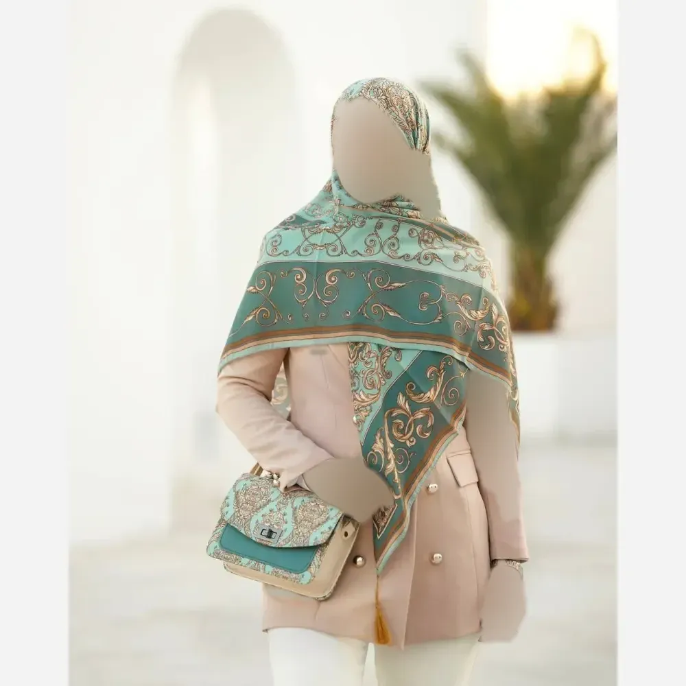 ست کیف و روسری الیزابت جنس مخمل و چرم صنعتی با روسری نخی منگوله دار