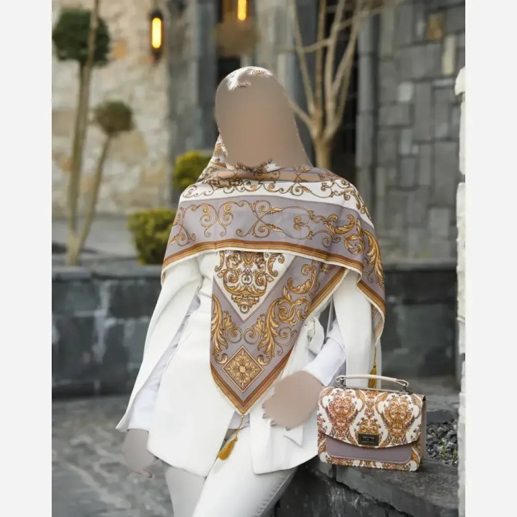 ست کیف و روسری الیزابت جنس مخمل و چرم صنعتی با روسری نخی منگوله دار