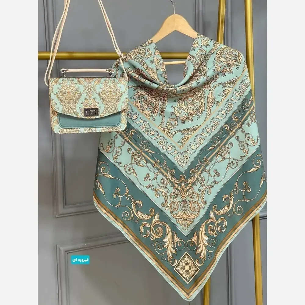 ست کیف و روسری الیزابت جنس مخمل و چرم صنعتی با روسری نخی منگوله دار