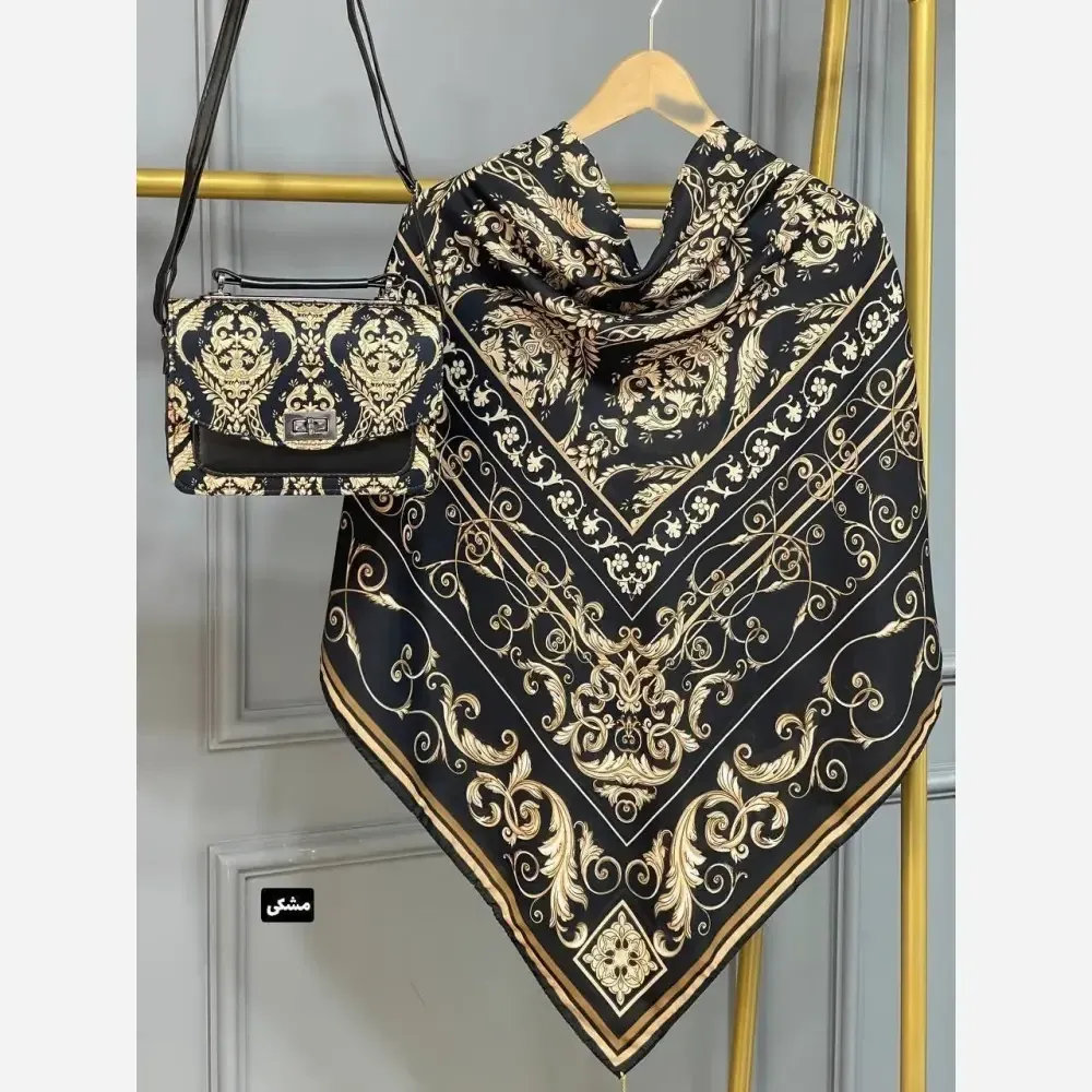 ست کیف و روسری الیزابت جنس مخمل و چرم صنعتی با روسری نخی منگوله دار