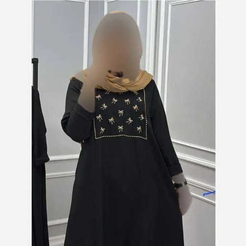 عبا زنانه مدل پاپیونی گلدوزی شده جنس شانتون رنگ مشکی سایز 38 تا 48