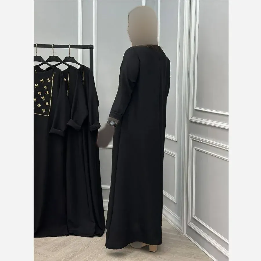 عبا زنانه مدل پاپیونی گلدوزی شده جنس شانتون رنگ مشکی سایز 38 تا 48