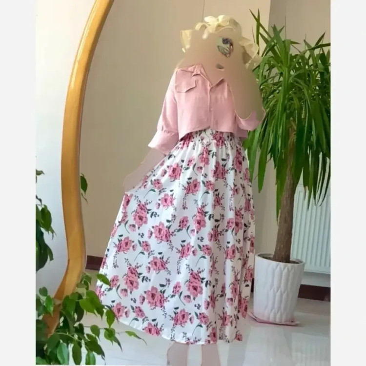 کت سارافون سودا جنس شانتون کریشه طرح دار و کت ابروبادی رنگ صورتی فری سایز