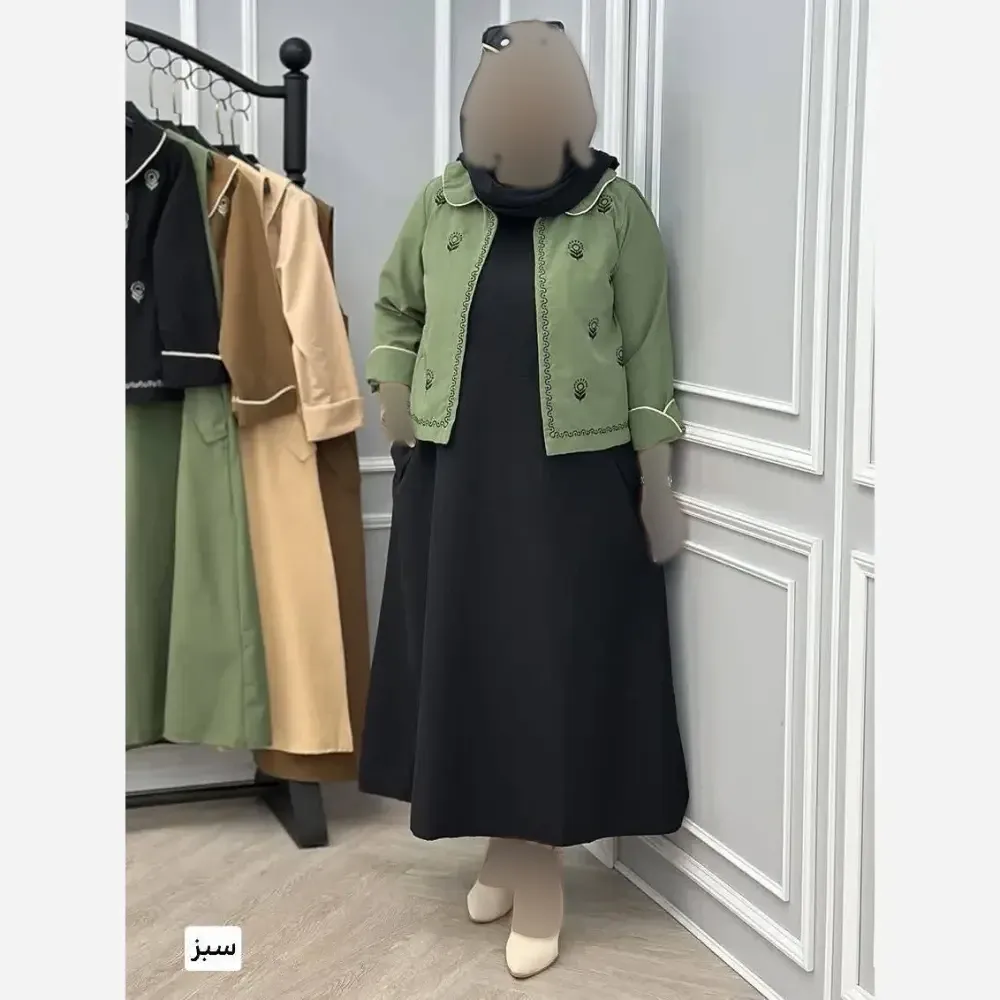 کت سارافون گلدوزی لنین پلاس رنگ مشکی سبز کرم نسکافه ای سایز 38 تا 48